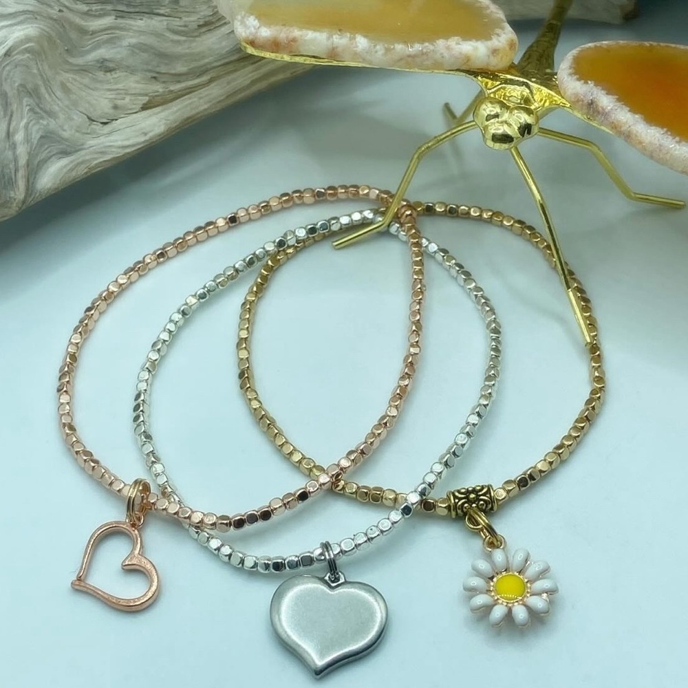 Trio of Heart and Daisy Charm Tiny Bead Hematite Bracelets